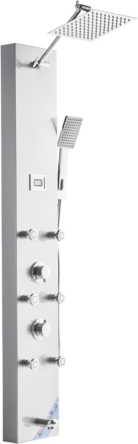 VEVOR Shower Panel Tower System with Rainfall Shower Head, LED, 49 in Brushed Stainless Steel Shower Column, 4-Function Faucet, Wall-Mount Rain Massage System with 6 Body Jets, Handheld, and Tub Spout
