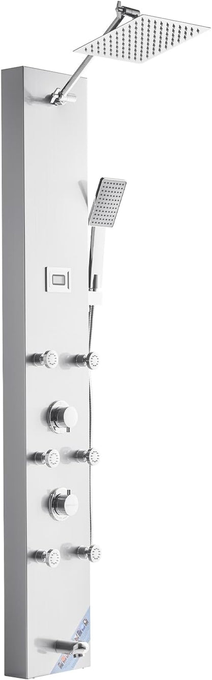VEVOR Shower Panel Tower System with Rainfall Shower Head, LED, 49 in Brushed Stainless Steel Shower Column, 4-Function Faucet, Wall-Mount Rain Massage System with 6 Body Jets, Handheld, and Tub Spout