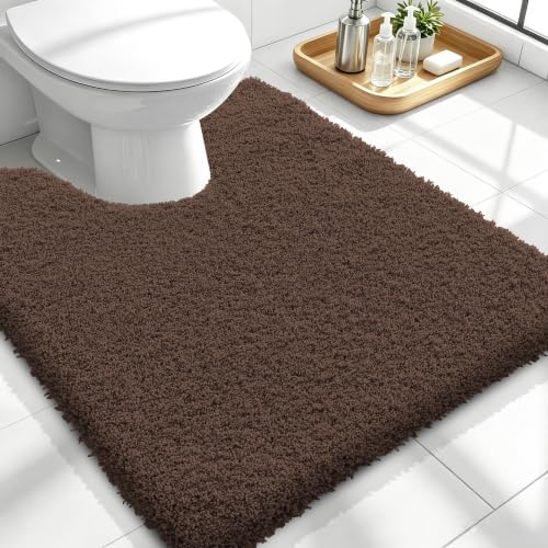 OLANLY Microfiber Bathroom Toilet Rugs U-Shaped 24x20, Soft Bath Mat, Brown