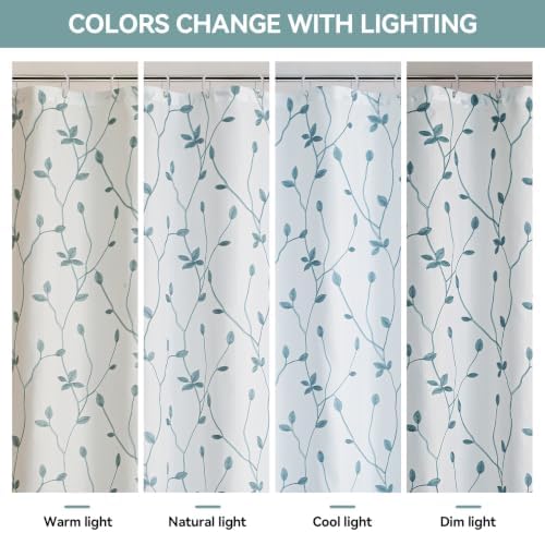 Embroidered Leaf Farmhouse Shower Curtain,Faux Linen,72Wx72L,White Teal