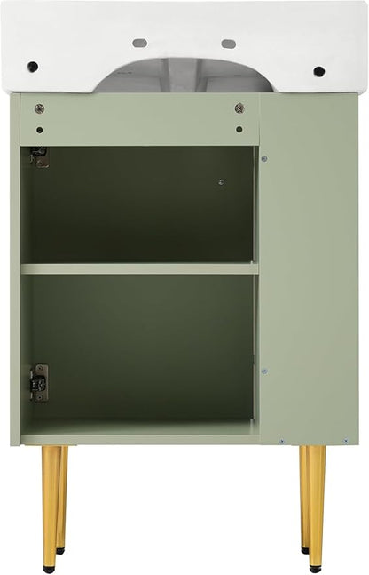 21.6 in Small Bathroom Vanity with Sink,Doors and Storage Shelves,Wood Modern Single Fluted Bathroom Sink Cabinet Freestanding (Green,Left Shelf)