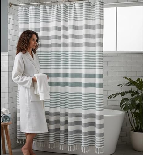 Serafina Home Teal Green & White Striped Cotton Shower Curtain with Fringe