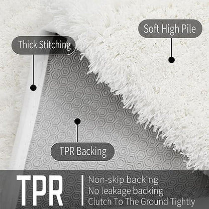 Yimobra Fluffy Plush Bath Rug, Super Shaggy Soft Comfortable Non Slip, Water Absorbent Microfiber Bath Mat, Dries Quickly, Machine Washable Thick Bathroom Rugs for Shower, 70" X 24", Off White