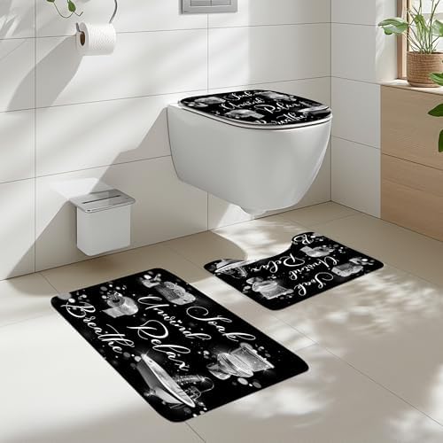 Silver Black Funny Quotes Words 4Pcs Bathroom Shower Curtain Set with Rugs