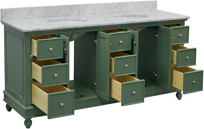 Bella 72-inch Double Bathroom Vanity (Carrara/Sage Green): Includes Sage Green Cabinet with Authentic Italian Carrara Marble Countertop and White Ceramic Sinks