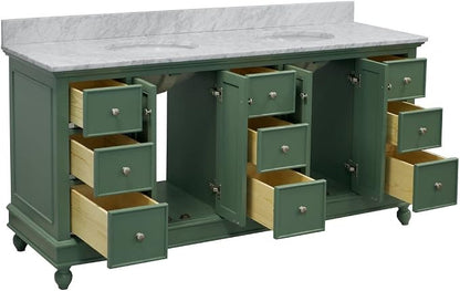 Bella 72-inch Double Bathroom Vanity (Carrara/Sage Green): Includes Sage Green Cabinet with Authentic Italian Carrara Marble Countertop and White Ceramic Sinks