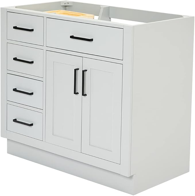 ARIEL Hepburn 36-inch Bathroom Vanity Base Cabinet,Solid Wood, 2 Soft Closing Doors, 5 Dovetail Drawers, Grey