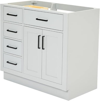 ARIEL Hepburn 36-inch Bathroom Vanity Base Cabinet,Solid Wood, 2 Soft Closing Doors, 5 Dovetail Drawers, Grey