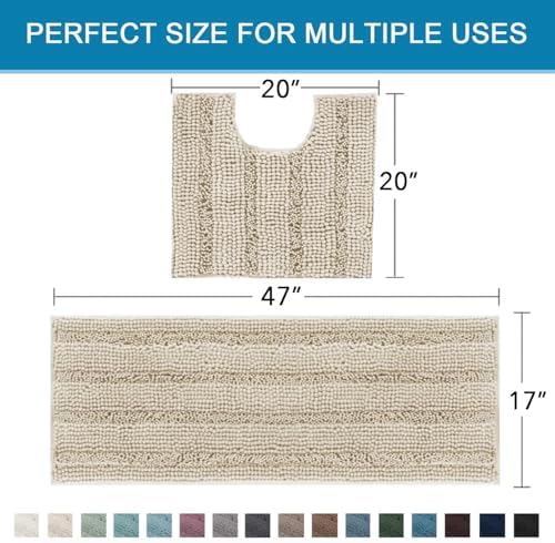 H.VERSAILTEX Bathroom Rug Sets 2 Piece Bath Mats Non Slip Thick Soft Chenille Striped Bath Rug achine Washable Shower Floor Rugs for Tub, Shower and Floor (Fog, 47"x17" Plus 20"x20" U)