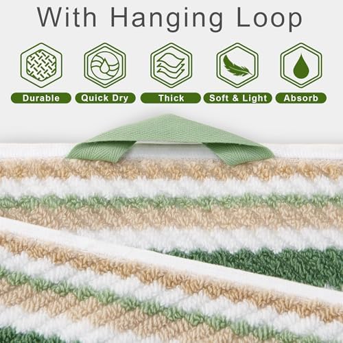VOOVA & MOVAS Striped Towels 3 Pack, 100% Cotton, Sage Beige