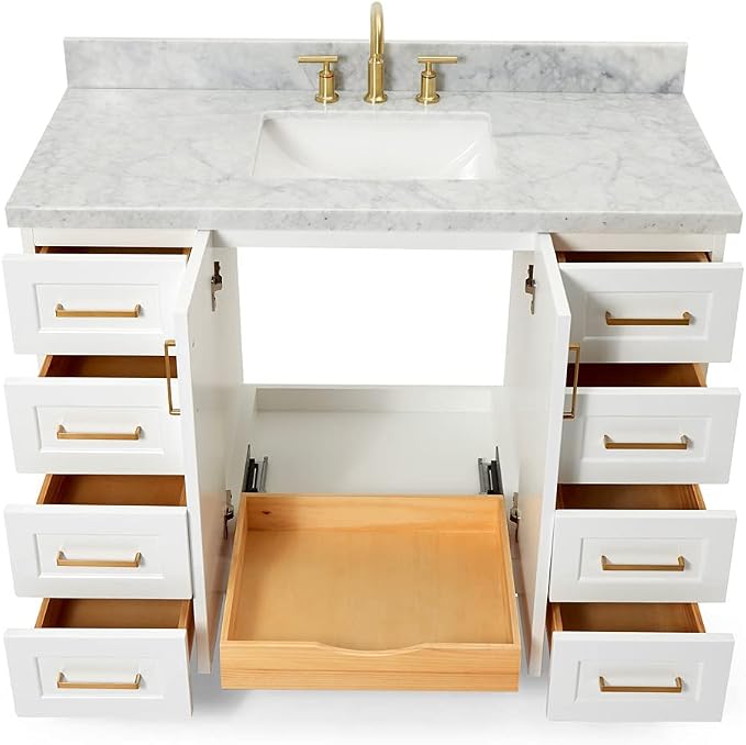Emilia 48-Inch Bathroom Vanity with Sink — White Single Sink Bathroom Vanity, 1.5" Edge Italian Carrara Marble Top, Solid Wood, 2 Soft Closing Doors, 9 Dovetail Drawers