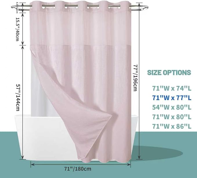 No Hook Waffle Shower Curtain with Snap-in Liner, 71x77 Inch, Blush Pink | 230 GSM waffle weave fabric, waterproof liner set with 2 bottom magnets, mesh top window, washable, for bathroom or hotel use
