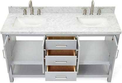 ARIEL Magnolia 60-inch Bathroom Vanity with Sink,Solid Wood, 1.5-inch Italian Carrara Marble Countertop, Double Rectangular Porcelain Sink, 4 Soft Closing Doors, 3 Dovetail Drawers, Grey