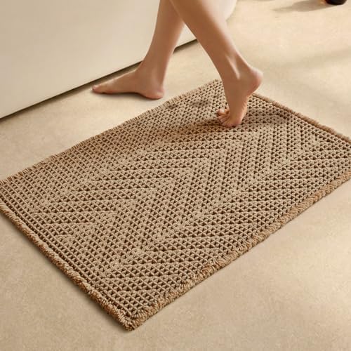 Sunfly Boho Bathroom Rug, Herringbone Waffle Bath Mat Non-Slip Washable Super Absorbent Quick Dry, Farmhouse Bath Mat for Bathroom Floor Decor 20"*30" Khaki