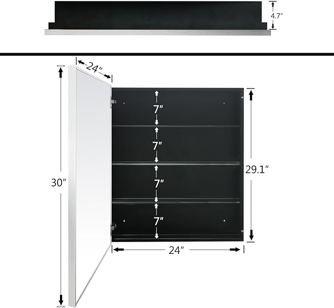 24”x30” Medicine Cabinet with Aluminum Frame,Surface or Recessed Medicine Cabinet Mirror for Bathroom,Bathroom Mirror with Storage,Sliver