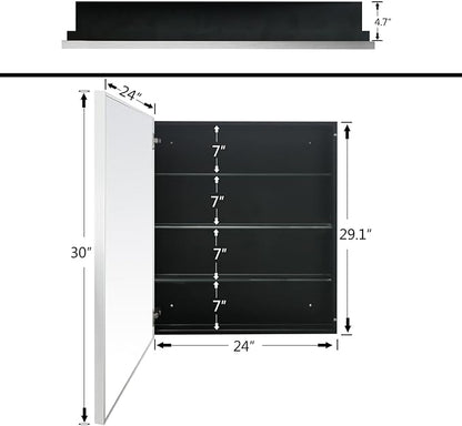 24”x30” Medicine Cabinet with Aluminum Frame,Surface or Recessed Medicine Cabinet Mirror for Bathroom,Bathroom Mirror with Storage,Sliver