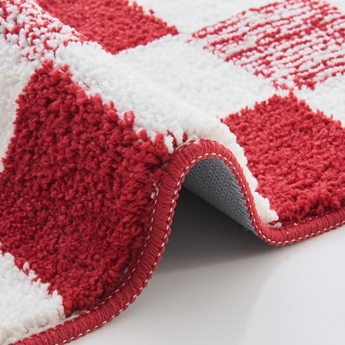 CozeCube Christmas Red Checkered Bath Mat 24"x16" Non Slip Washable Rug