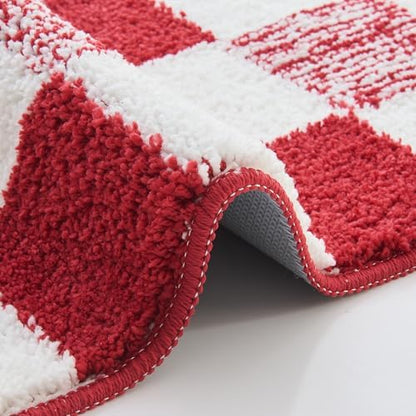 CozeCube Christmas Red Checkered Bath Mat 36"x24" Non Slip Washable Rug