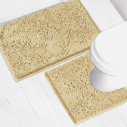 Bathroom Rugs Chenille Bath mat 2 Piece Set, Super Absorbent, Strong PVC Non Slip Backing, Bath mats for Bathroom, Plush Shaggy, Thick, Machine Washable, Bathtub, Shower, Toilet.(Beige)