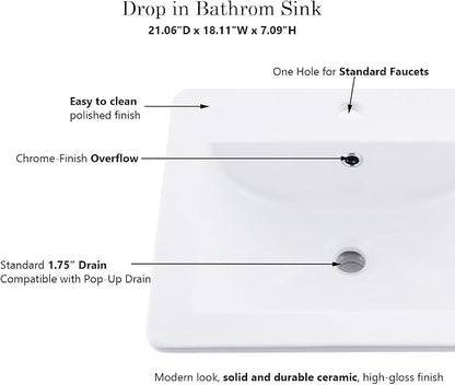 21x18 White Vessel Bathroom Sink Drop In Ceramic Vanity | Vessel Sink, 21x18" White Ceramic Bathroom Sink, Drop In Rectangular Vanity, Semi Recessed, with Overflow, Easy Clean