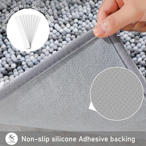 Yimobra Luxury Chenille U-Shaped Toilet Rug, Super Soft Shaggy Contour Bath Mat for Bathroom Floor, Fluffy, Water Absorbent, Non Slip, Machine Washable, Dry Quickly, 24''x 20'', Light Grey & Dark Grey