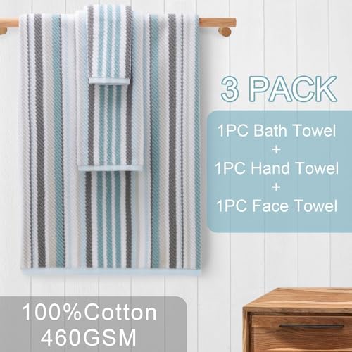 VOOVA & MOVAS Aqua Bathroom Towels 3 Pack, 100% Cotton,Striped Design