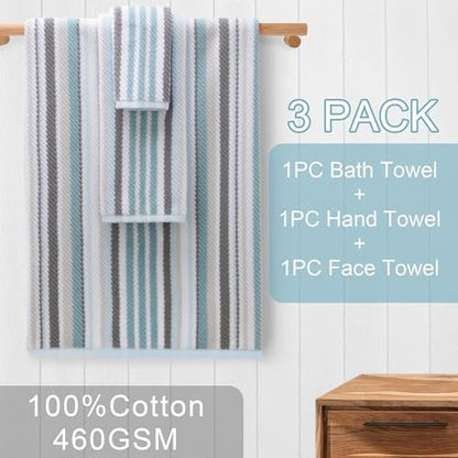 VOOVA & MOVAS Aqua Bathroom Towels 3 Pack, 100% Cotton,Striped Design