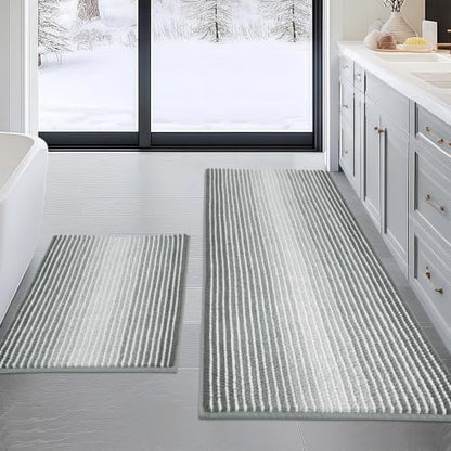 BSICPRO Bathroom Rugs Sets 2 Piece, Non Slip Striped Bath Mats, Light Gray