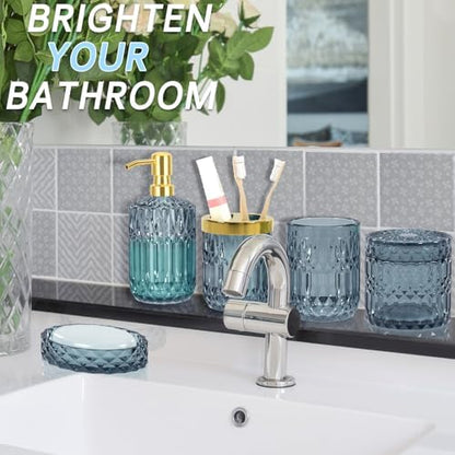 Blue Bathroom Accessories Set - 5PCS Clear Glass Bathroom Accessory Set (Toothbrush Holders, Soap Dispenser, Soap Dish, Tumbler, Cotton Swab Jar), Countertop Vanity Organizer Modern Decor Vintage Gift