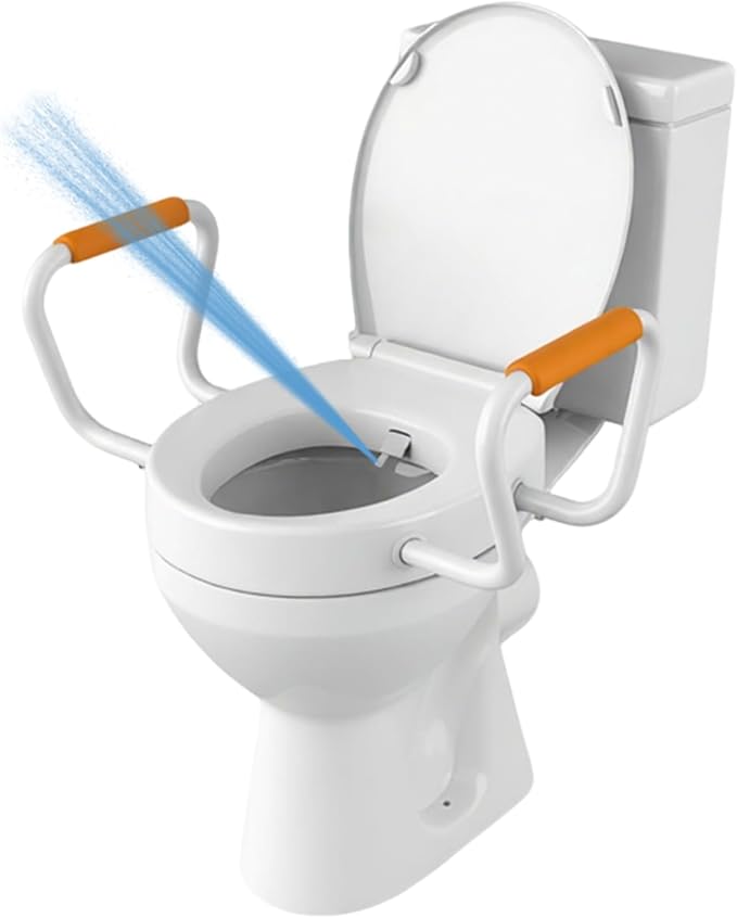 Huttdmel Round Bidet Toilet Seat with Handles, 2.8" Elevated Toilet Seat Riser, Soft Close, Quick Release, Non-Slip, No-Electric Wash, Adjustable Spray for Seniors, Elderly & Disabled,White