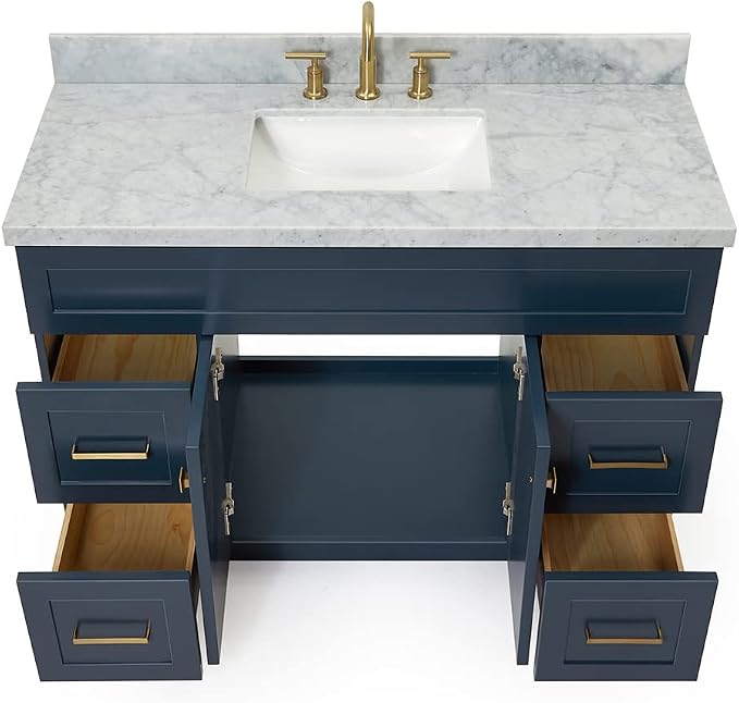 Bradford 48-Inch Bathroom Vanity with Sink — Midnight Blue Single Sink Bathroom Vanity, 1.5" Edge Italian Carrara Marble Top, Solid Wood, 2 Soft-Close Doors, 4 Full Extension Dovetail Drawers