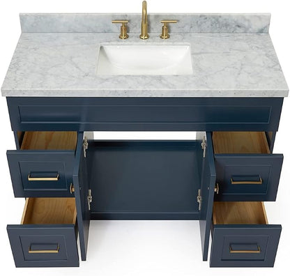 Bradford 48-Inch Bathroom Vanity with Sink — Midnight Blue Single Sink Bathroom Vanity, 1.5" Edge Italian Carrara Marble Top, Solid Wood, 2 Soft-Close Doors, 4 Full Extension Dovetail Drawers