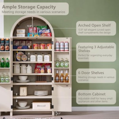 IFGET 71" Tall Arched Kitchen Pantry, Modern Fluted Storage Cabinet, Cream