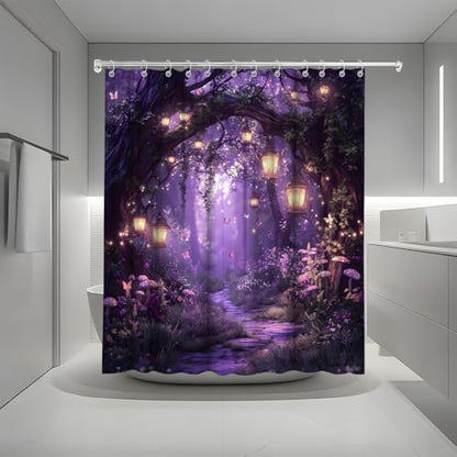 Fantasy Forest Path Shower Curtain Purple Fairy Magical Enchanted Misty Jungle Mushroom Floral Tree Butterfly Lantern Wonderland Bath Curtain Fabric Bathroom Accessories Decor with Hooks 70W x84L