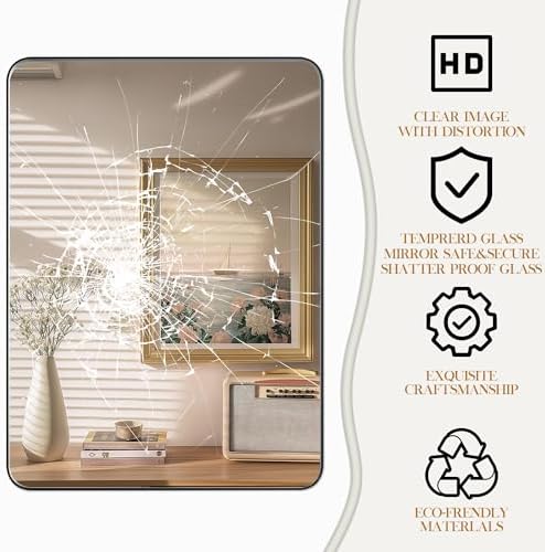 Black Bathroom Mirror 50x30 Inch, Wall Mounted Vanity Mirror with Metal Frame, Tempered Glass, Large Modern Farmhouse Wall Mirror for Bathroom, Horizontal or Vertical Hanging