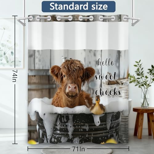 No Hook Highland Cow Shower Curtain and Liner Set 71x74 Inch