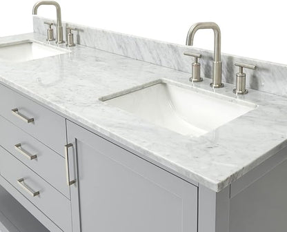 ARIEL Bayhill 72-inch Bathroom Vanity with Sink,Solid Wood, 0.75-inch Italian Carrara Marble Countertop, Double Rectangular Porcelain Sink, 2 Soft Closing Doors, 3 Dovetail Drawers, Grey