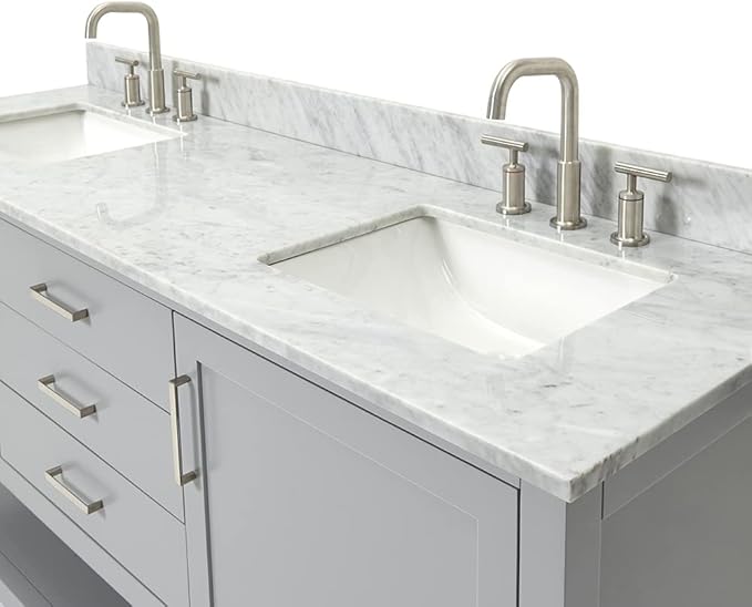 ARIEL Bayhill 72-inch Bathroom Vanity with Sink,Solid Wood, 0.75-inch Italian Carrara Marble Countertop, Double Rectangular Porcelain Sink, 2 Soft Closing Doors, 3 Dovetail Drawers, Grey