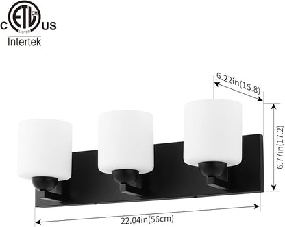 mirrea 3-Light Black Bathroom Vanity Light with White Glass Shades | Over Mirror,Wall Sconce,ETL listed,Bathroom Lighting Fixtures,Elegant Design,Milk White Glass Shade,Easy Installation