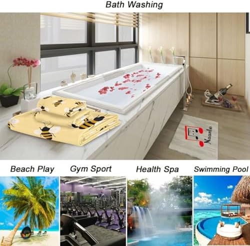 Naanle Retro Little Bee Pattern Soft Set of 3 Towels, 1 Bath Towel+1 Hand Towel+1 Washcloth, Decorative for Bathroom, Hotel, Kitchen, Spa and Beach