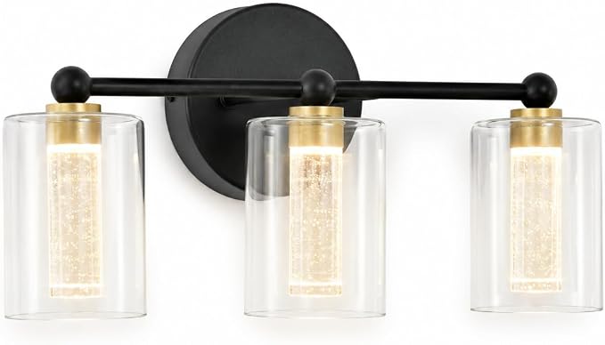 Black and Gold Vanity Light with 3 Color Modes, Eye Protection LED Bathroom Light Fixtures, Dimmable Modern Wall Light Over Mirror with Clear Glass Shade (Black & Gold, 3-Light)