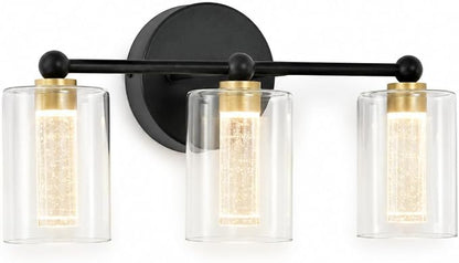 Black and Gold Vanity Light with 3 Color Modes, Eye Protection LED Bathroom Light Fixtures, Dimmable Modern Wall Light Over Mirror with Clear Glass Shade (Black & Gold, 3-Light)