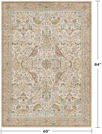 Hazo Haus Washable Area Rugs 5x7 for Living Room - Boho Cottagecore Earthy Rugs for Bedroom, Dining Room, Office with Vintage Beige Taupe Botanical & Bird Pattern, Non Slip Stain Resistant Low Pile