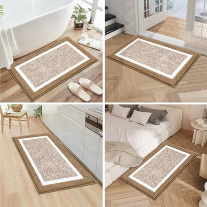 Pauwer 3 Piece Bathroom Rug Set, Non Slip Washable Bath Mat, Khaki
