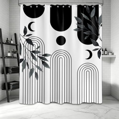 Mid Century Modern White and Black Shower Curtain Bohemian MCM Black and White Shower Curtains for Mens Bathroom Decor, Boho Minimalist Pattern, Waterproof Cloth Fabric with Hooks 70x84 in
