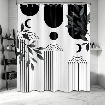 Mid Century Modern White and Black Shower Curtain Bohemian MCM Black and White Shower Curtains for Mens Bathroom Decor, Boho Minimalist Pattern, Waterproof Cloth Fabric with Hooks 70x84 in