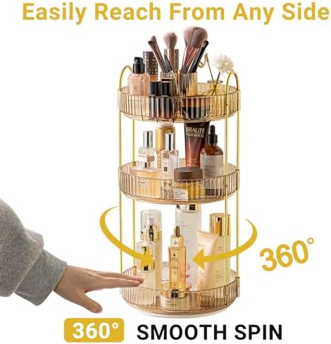 Asayuee 360 Rotating Makeup Organizer,3 Tier Large Capacity Make Up Organizers and Storage,Skincare Perfume Vanity Organizers,Bathroom Cosmetics Storage Organizer Countertop(Gold)