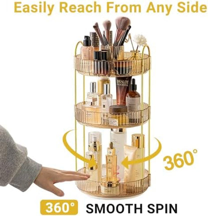 Asayuee 360 Rotating Makeup Organizer,3 Tier Large Capacity Make Up Organizers and Storage,Skincare Perfume Vanity Organizers,Bathroom Cosmetics Storage Organizer Countertop(Gold)