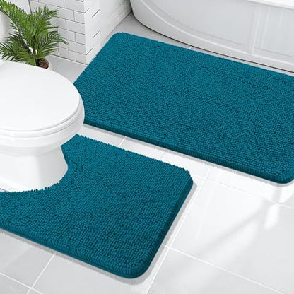 OLANLY Chenille Bathroom Rugs Sets 2 Piece, 47"x20"+24"x20", Peacock Blue