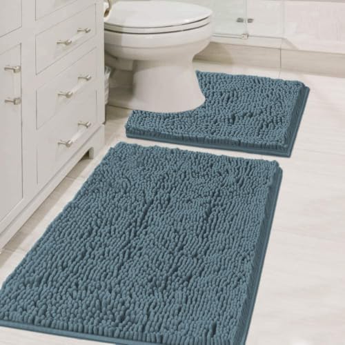 H.VERSAILTEX Bathroom Rugs Luxury Chenille Mat Set, Soft Plush Shower Rug + Toilet Mat, Microfiber Shaggy Carpet, Super Absorbent, Machine Washable (Curved Set, 32" x 20"/20" x 20", Stone Blue)
